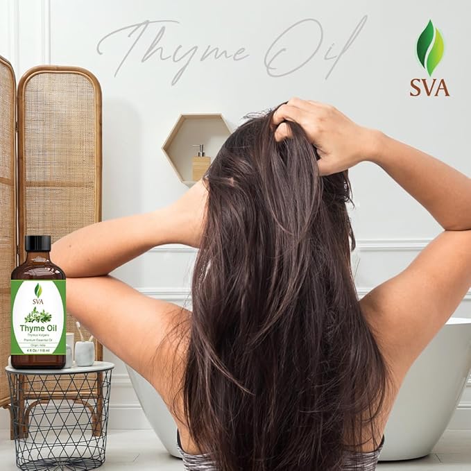 SVA Thyme Essential Oil – 4 Fl Oz – 100% Natural Thyme Oil - for Diffuser, Hair Care, Face, Skin Care, Aromatherapy, Scalp and Body Massage, Soap and Candle Making – with Dropper