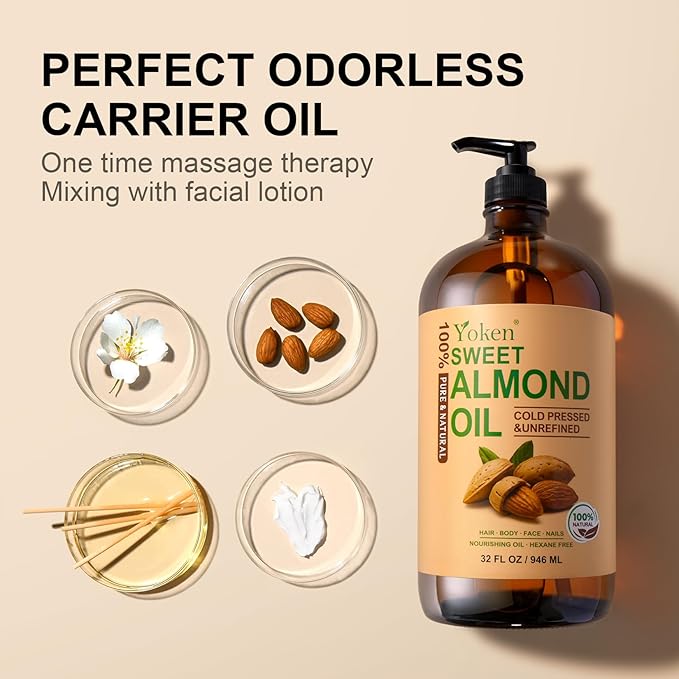 Sweet Almond Oil 32 fl oz 100% Pure Cold Pressed Glass Bottle Sweet almond Oil for Skin, Hair, Almond Oil for Hair Moisturier, Smooth and Soft Skin, Carrier Oil for DIY, Massage