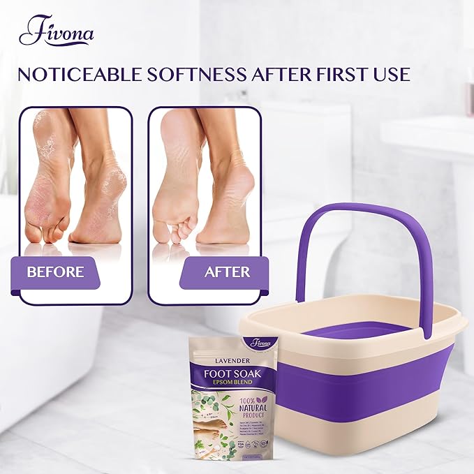 Fivona Foot Care Kit 2 in 1 - Foot Soak Blend with Epsom Salt, Lavender and Essential Oils - Expandable Foot Soak Basin - Pedicure Spa Soak for Tired Feet, Cracked Heels, Stubborn Foot Calluses