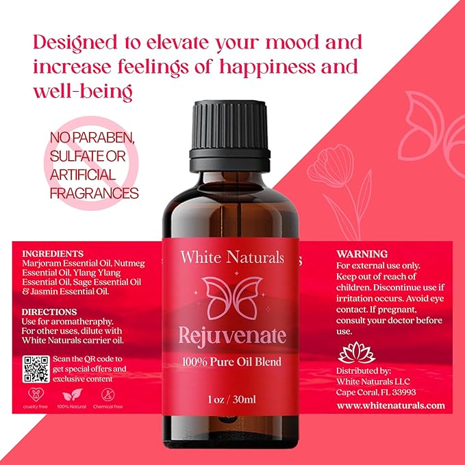 White Naturals Rejuvenating Essential Oil Blend – Energizing Aromatherapy Oil for Skin and Mind, 100% Pure & Natural Essential Oils for Relaxation, Focus & Mood Boost, 1oz