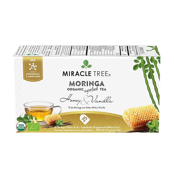 Miracle Tree - 6 Count of Organic Moringa Superfood Tea, 25 Individually Sealed Tea Bags, Honey & Vanilla (Keto, Detox, Energy/Immunity Booster, Vegan, Gluten-Free, Organic, Non-GMO, Caffeine-Free)