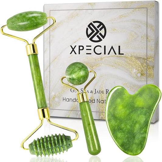 Gua Sha & Jade Roller 3 in 1, Face Roller, Guasha Facial Massage Skin Care Tool Set, Massager for Removal of Wrinkles & Eye Puffiness, Anti-Aging & Body Relaxation