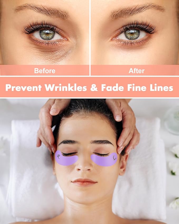 4 Pairs Reusable Under Eye Wrinkle Patches Silicone Mask, Plump Fine Lines & Wrinkles, with Metal Eye Cream Applicator, Tin Case, Cream&Purple