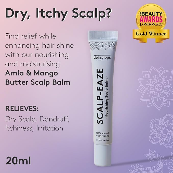 Delhicious Dry Itchy Scalp Treatment Moisturizer Balm - Amla Hair Oil, Shea Butter & Mango Butter - Scalp-Eaze - Psoriasis Scalp Treatment, Dry Scalp Serum - SLS Free, Natural, Vegan, Ayurveda - 20ml