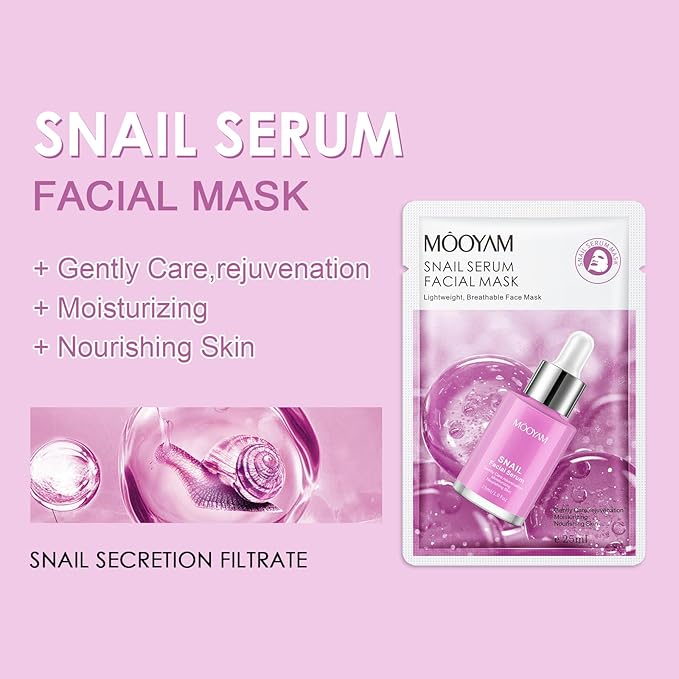 Face Masks Skincare, 6 Pack Snail Serum Sheet Masks - Hydrating & Smoothing, Moisturizing & Nourishing for All Skin Types