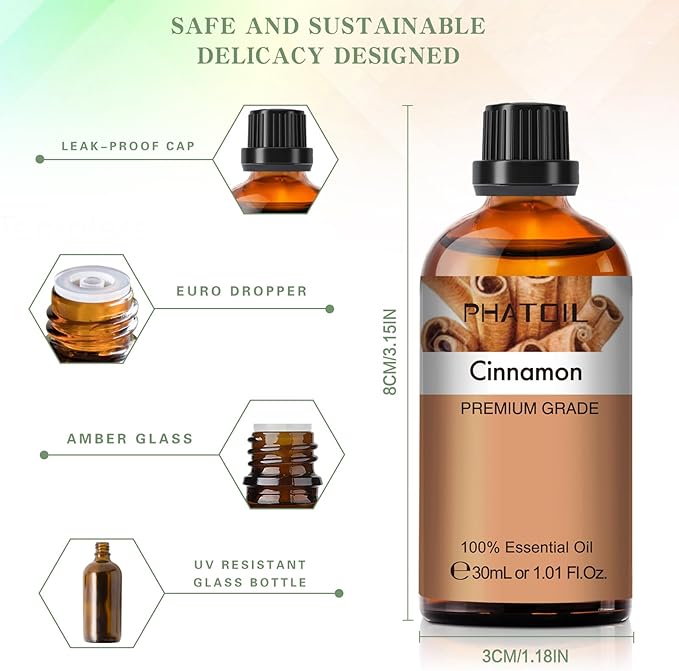 Cinnamon Essential Oil, 1.01Fl.Oz (30ML) PHATOIL Pure Essential Oil Singles for Aromatherapy Diffusers, Humidifiers, Great for DIY Candle and Soap Making, Gift for Friend
