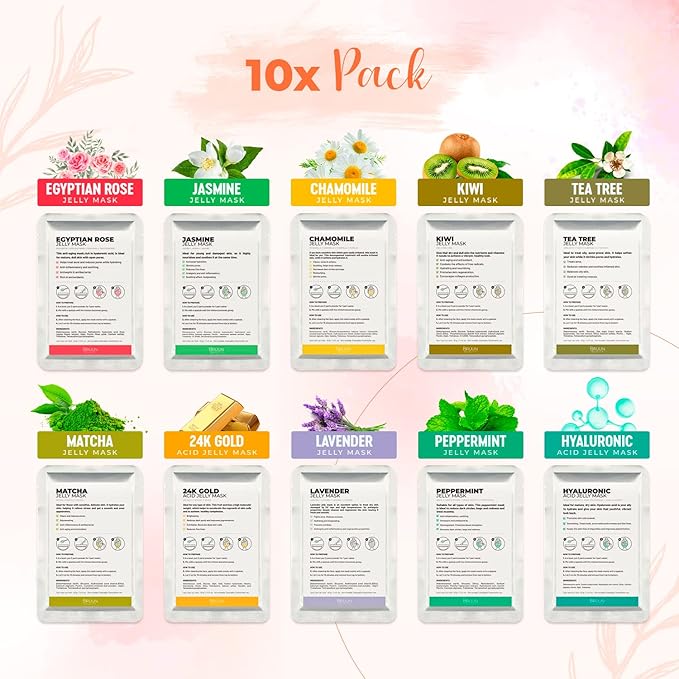 BRÜUN Peel-Off Jelly Mask Hydrating Premium Modeling Rubber Mask Spa Set - 10 Treatments (24k Gold, Lavender, Kiwi, Peppermint, Egyptian Rose, Matcha, Chamomile, Tea tree, Jazmine)