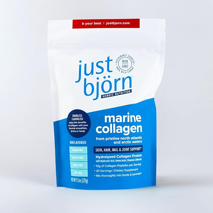 Just Bjorn Marine Collagen Peptide Powder On-The-go Stick Packs (10ct) Marine Collagen Peptide Powder 30 Serving Pouch (11.5 oz) | Skin, Hair, Nail and Joint Support + Hyaluronic Acid