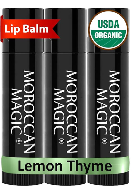 Organic Moroccan Magic Lip Balm 3 Pack | Lemon Thyme Balm Set | Chapsticks for Dry Lips | Made with Natural Argan, Essential Oils Lip Moisturizer and Vitamin E | Smooth Application, Non-Toxic
