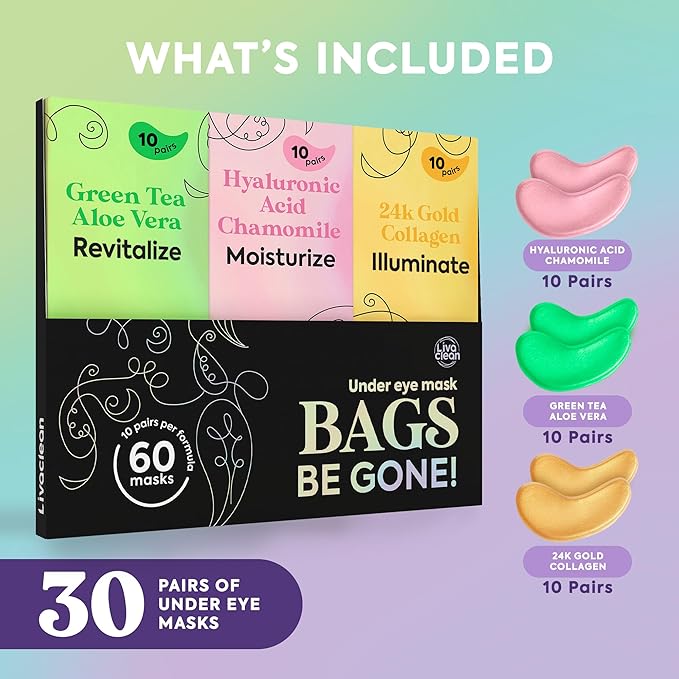 LivaClean 24k Gold Under Eye Patches (30 Pairs), Eye Mask, Collagen Skin Care Products, Eye Patches for Puffy Eyes, Eye Masks for Dark Circles and Puffiness