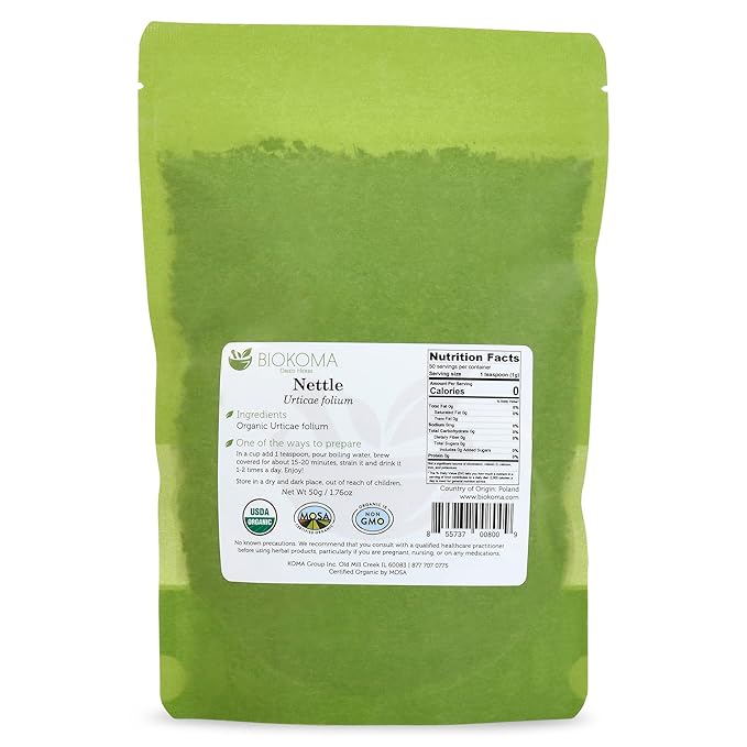 Biokoma Pure and Organic Nettle Dried Leaves 50g (1.76oz) in Resealable Moisture Proof Pouch, USDA Certified Organic - Herbal Tea, No Additives, No Preservatives, No GMO, Kosher