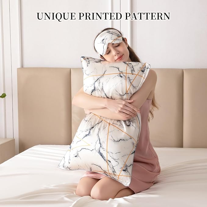 THXSILK Sleep Mask 100% 19 Momme Pure Mulberry Silk Super Smooth Cooling Decorative Sleep Eye Mask Blackout Eye Cover with Wide Head Strap, Marble-White