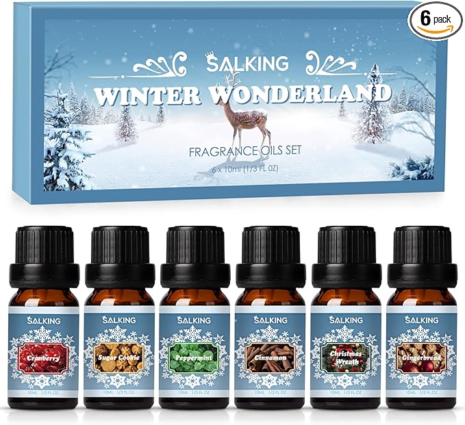 SALKING Winter Set of Scented Oils, Premium Fragrance Essential Oils Gift Set for Diffuser, Soap & Candle Making Scents - Cinnamon, Christmas Wreath, Sugar Cookie, Cranberry, Peppermint, Gingerbread