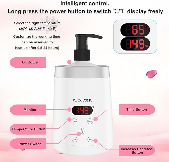 Massage Oil Warmer, Massage Oil Heater with Two Oil Bottle dispensers, Body Liquid Warmer from 30 to 65 °C, Lotion Bottle Warmer Shampoo Heater, for Salon, White