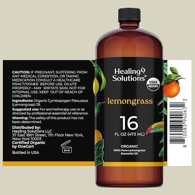 Healing Solutions Organic Lemongrass Essential Oil - 16oz Bulk for Candle Making, Aromatherapy, Cleaning & Diffuser - Organic Lemon Grass