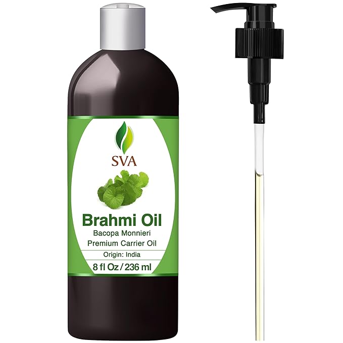 SVA Brahmi Oil - 8 Fl Oz – 100% Natural Cold Pressed Brahmi Oil - for Face, Skin Care, Hair Care, Scalp Massage & Body Massage – Carrier Oil with Pump