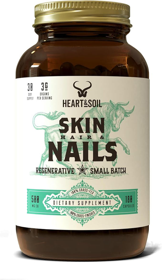 HEART & SOIL – 3000mg Skin, Hair and Nails Support Supplement with Grass Fed Beef Liver, Bone Marrow, Cartilage, Biotin, Collagen, Vitamins A, Riboflavin, Elastin – 180 Capsules