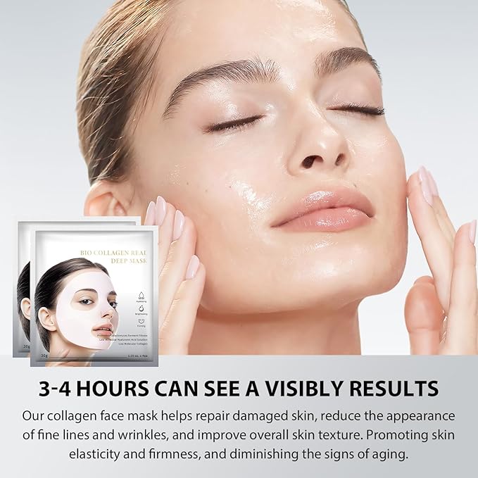 IREV Bio-Collagen Face Mask Deep Overnight Hydrating Face Mask for Wrinkles Selfcare Sheet Skin Care Facial Treatments & Masks for Women Firming and Moisturizing Elasticity Anti-Wrinkle 4 Pack