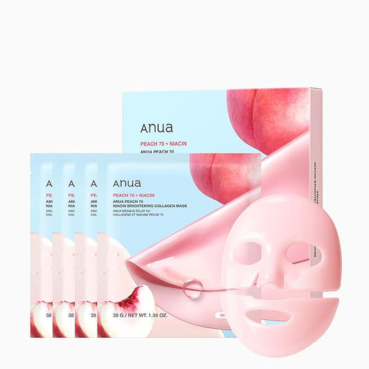 ANUA Peach 70 Niacin Brightening Collagen Mask, Overnight Face Mask for Glass Skin, Niacinamide, Collagen Facial Mask, Glow up with Hydration, Natural Color, Korean Skin Care (38g, 4ea)