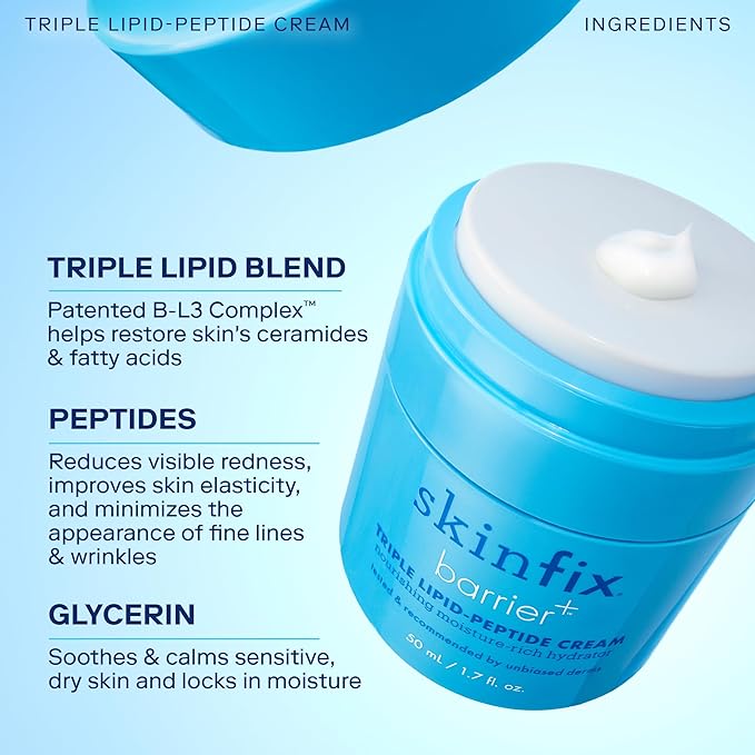 Skinfix Triple Lipid-Peptide Cream - 3.3 oz - Rich Face Moisturizer to Instantly Hydrate & Restore Dry, Sensitive Skin - Non-Comedogenic, Fragrance Free, Vegan, Cruelty Free