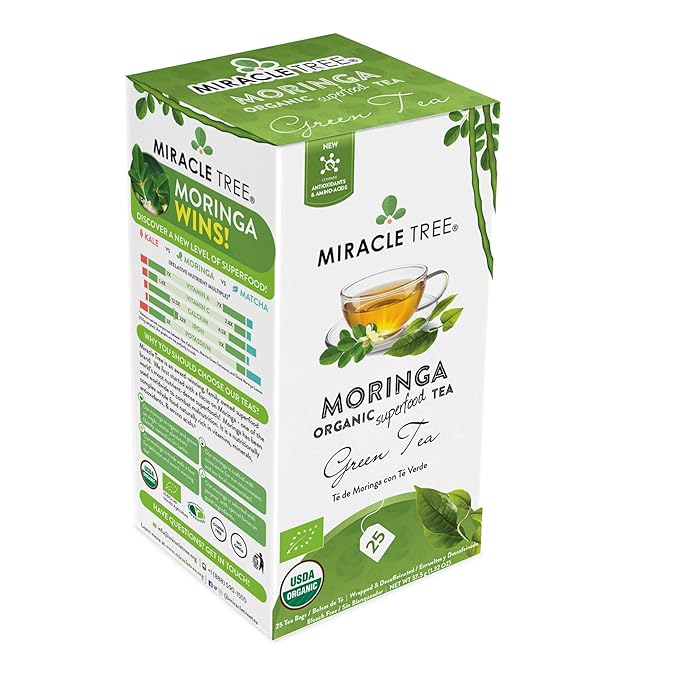 Miracle Tree - Organic Moringa Superfood Tea, 25 Individually Sealed Tea Bags, Green Tea (Keto, Detox, Energy & Immunity Booster, Vegan, Gluten-Free, Organic, Non-GMO, Decaffeinated)