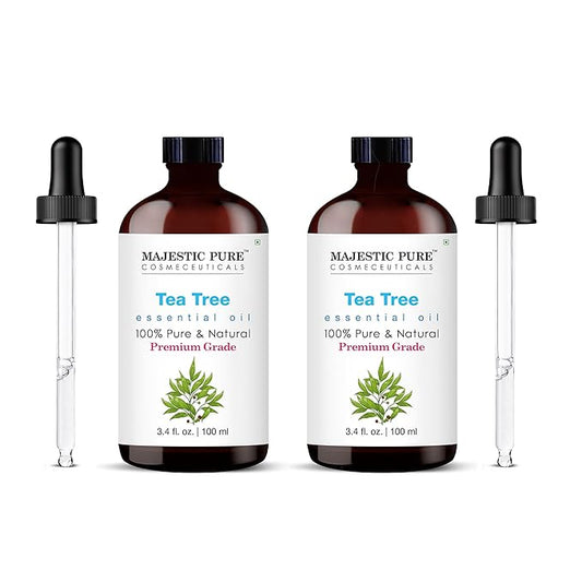 MAJESTIC PURE Tea Tree Essential Oil with Glass Dropper | 100% Pure and Natural Tea Tree Oil | Premium Grade Essential Oils for Diffusers, Skin, Aromatherapy, Massage | 3.4 Fl Oz (Pack of 2)