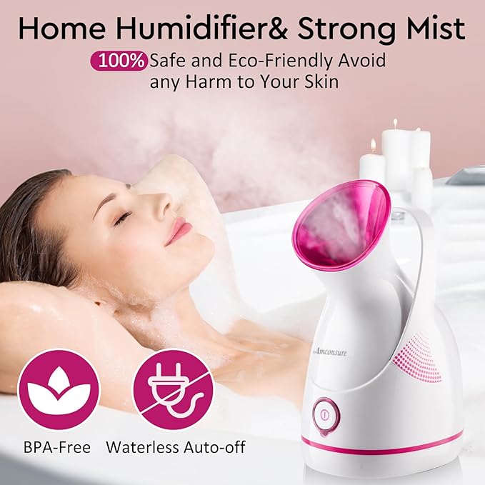 Amconsure Facial Steamer - Nano Ionic Face Steamer Warm Mist Steamer for Home Sauna SPA, Humidifier for Face Steamer for Deep Cleaning Unclogs Pores Sinuses - Bonus 5 Piece Stainless Steel Skin Kit