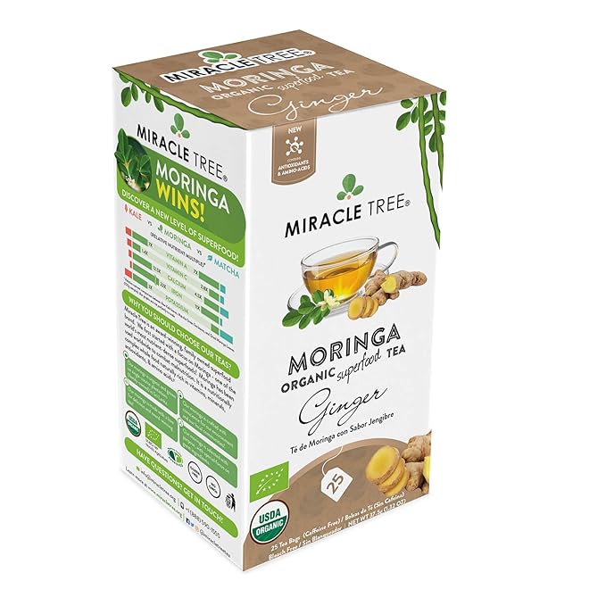 Miracle Tree - Organic Moringa Superfood Tea, 25 Individually Sealed Tea Bags, Ginger (Keto, Detox, Energy & Immunity Booster, Vegan, Gluten-Free, Organic, Non-GMO, Caffeine-Free)