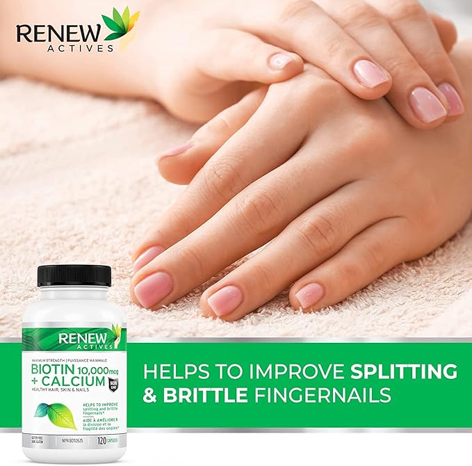 Renew Actives Biotin & Calcium 10000MCG per Serving – Supplements for Hair, Nail & Skin Care – Promotes Bone & Teeth Health – Helps Prevent Biotin Deficiency - Made in Canada – 120 Capsules