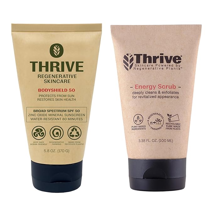 Thrive SPF50 Protect & Exfoliate Superplant Skin Care Set - Gift Set with Reef Safe SPF50 Mineral Sunscreen & Face Scrub - Vegan, Made in USA