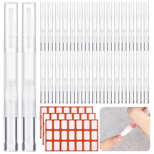 Homaisson 50 Pack 3ml Transparent Twist Pen with Stickers, Empty Cuticle Oil Pen Refillable Nail Oil Pens with Brush Tip, Empty Cosmetic Lip Gloss Tubes, Clear Eyelash Growth Liquid Containers