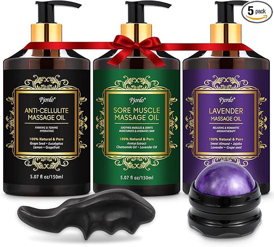 3 Pack Massage Oil for Massage Therapy, Lavender Massage Oils for Date Night, Sore Muscle Arnica Oil & Cellulite Massage Oil, Relaxing Massage Kit, Spa Gifts for Him Her