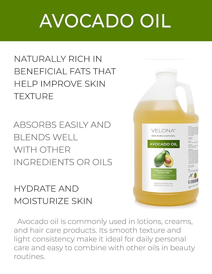 velona Avocado Oil 1 Gallon / 128 Fl Oz | 100% Pure and Natural Carrier Oil | Expeller-Pressed | Hair, Body and Skin Care | Use Today - Enjoy Results