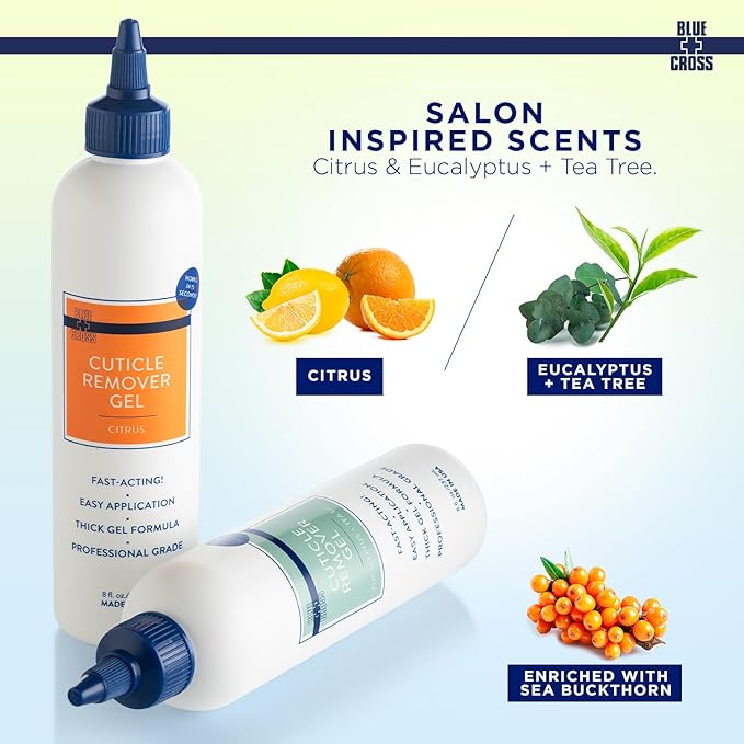 Blue Cross Cuticle Remover Liquid Gel, Cuticle Softener for Nails, Hydrating, Moisturizing, Professional Nail Care for Brittle Hang Nails, Dry Cuticles, Made in USA, 8oz, Eucalyptus/Tea Tree