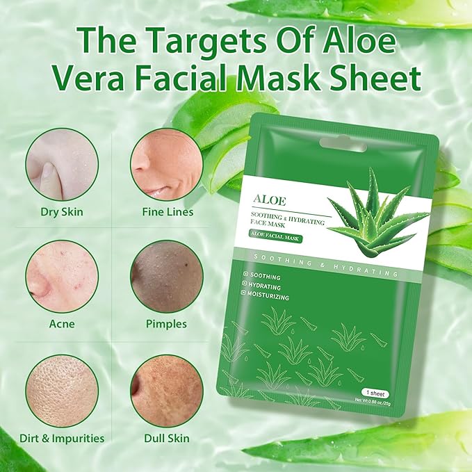 Aloe Vera Soothing Mask Hydrating Face Masks Skincare Moisturizing Facial Sheet Mask Skin Care for Dry, Oily, Sensitive Skin Face Mask for Acne, Sun Care, Refreshing, 10 Pack (Aloe Vera Face Mask)