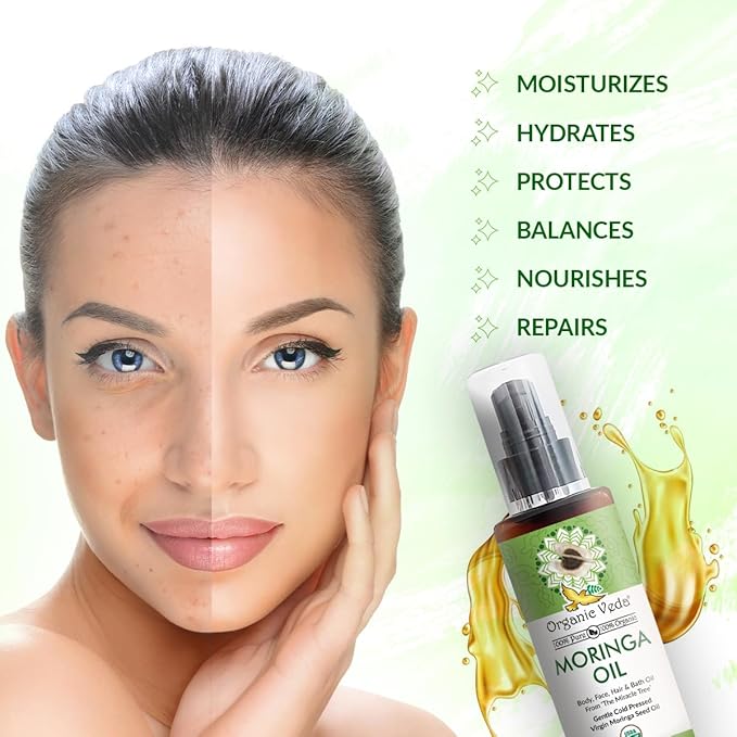 Organic Veda Moringa Oil - USDA Cold Pressed Virgin Moringa Seed Oil - 100% Pure Moringa Skin Care Oil Moisturizer for Face, Nails, Foot, Body & Hair - Unrefined, Vegan & Gluten Free - 3.4 fl oz