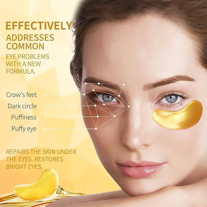 Tunbot Eye Mask - 60 Pieces - 24k Gold Eye Mask - Anti-Aging - Contains Collagen & Hyaluronic Acid - Removes Dark Circles, Puffiness & Wrinkles, Moisturizes - Home Skin Care