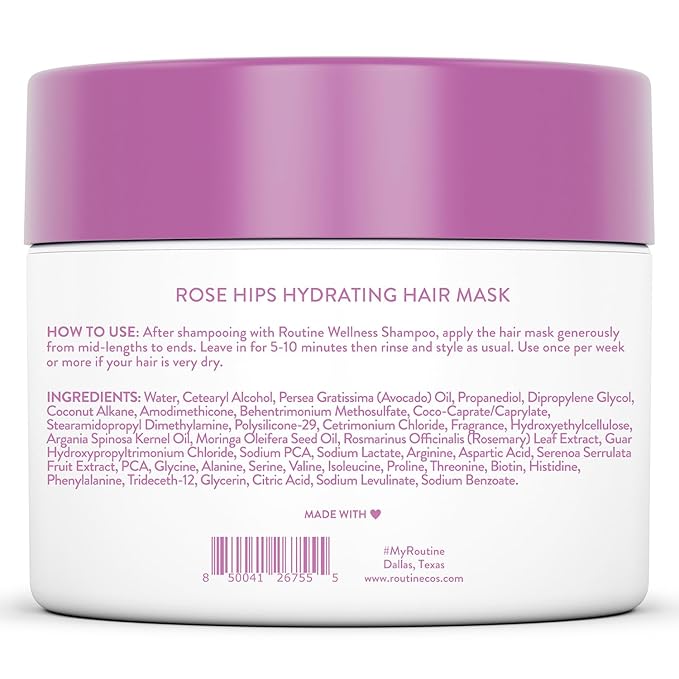 Routine Wellness Deep Conditioning Hair Mask for Dry Damaged Hair - Hydrating, Moisturizing Repair Treatment - Promotes Fullness - Rose Hips 8oz