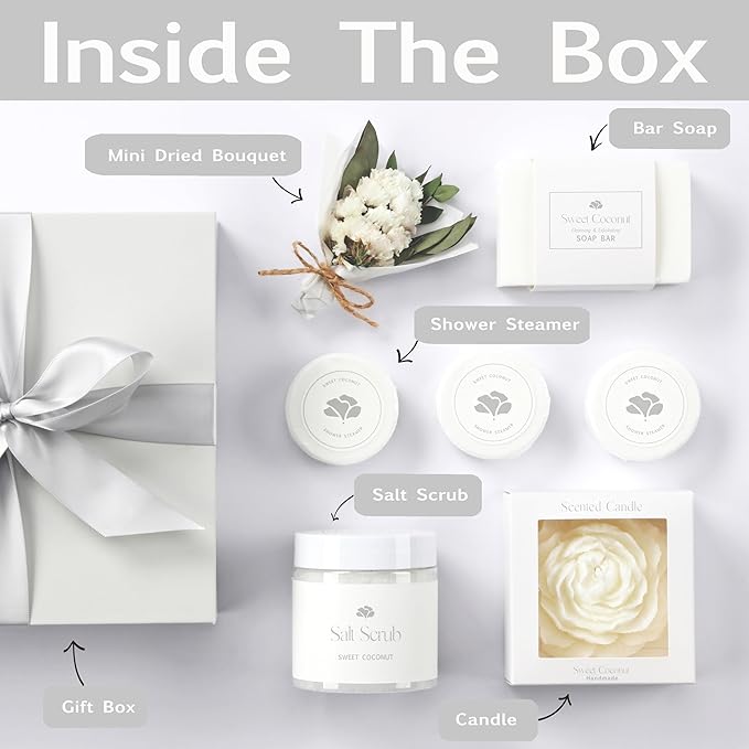 Sweet Coconut Spa Gift Baskets for Women – Luxury Birthday Bath Gifts for Mom, Wife, Sister, Friend - Self-Care and Relaxation Mother’s Day Gifts - Gift Baskets for Her for All Occasions
