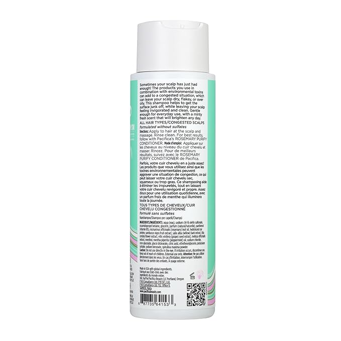 Pacifica Clarifying Shampoo – Rosemary Purify Invigorating Shampoo w/Soothing Mint for Detoxing Hair & Scalp Build-Up, Sulfate & Silicone Free - Vegan & Cruelty-Free Dermatologist Tested