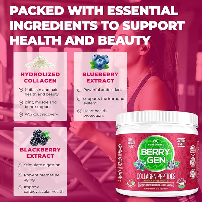 Collagen Powder with Antioxidants from BlackBerry and Blueberry Extracts - 30 Servings - Natural Dual Action Formula - Supports Joints, Hair, Skin, and Nails - Made in The USA
