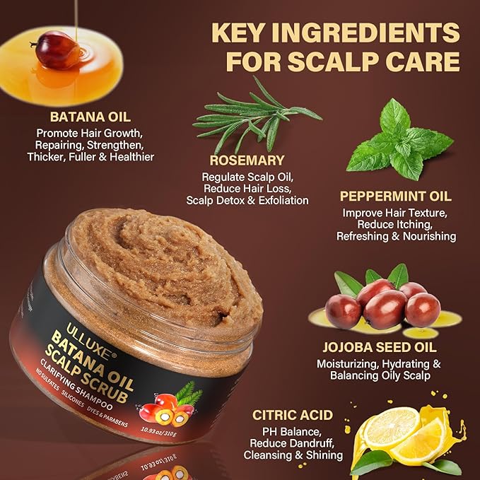 Scalp Scrub for Hair Growth, 2-in-1 Shampoo Scalp Exfoliator with Batana Oil, Rosemary, Mint Oil Remove Dandruff, Hair Treatment with Scalp Scrubber, Thinning Hair & Itchy Scalp Treatment, 10.93 oz