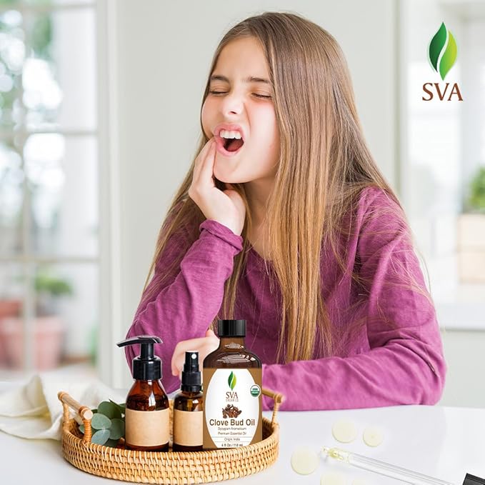 SVA Clove Essential Oil Organic – 4 Fl Oz – 100% Natural Organic Clove Oil - for Diffuser, Hair Care, Face, Skin Care, Aromatherapy, Scalp and Body Massage, Soap and Candle Making - with Dropper