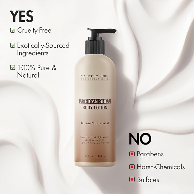 Majestic Pure African Shea Body Lotion with Aloe Leaf Extracts | Nourishing & Moisturizing | Quick Absorbing, Lightweight & Non Greasy | For All Skin Types | For Women & Men | 16fl oz