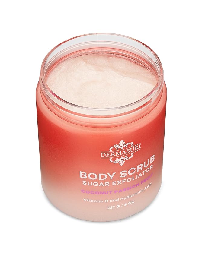 Dermasuri Exfoliating Sugar Scrub - Body Scrubber for Men & Women - Exfoliates & Removes Dead & Dry Skin for a Soft & Radiant Glow - Deep Hydration & Moisture - Coconut Passion Fruit