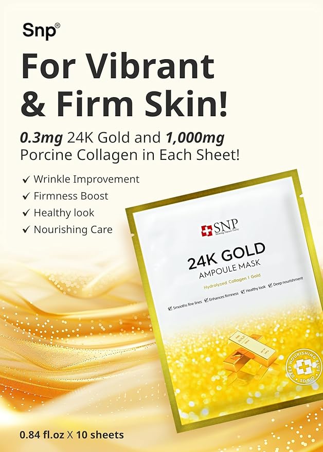 [K Beauty] 24K Gold Ampoule Sheet Mask | Collagen Face Masks Skincare | For Tightening, Hydrating, and Nourishing | Korean Skin Care | Overnight Face Masks | Moisturizing Sheet Mask | 10 Sheets