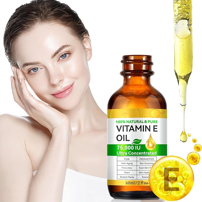 Ultra Pure Vitamin E Oil - Vitamin E Oil Blend 75,000 IU, Natural for Skin, Face, Hair and Scars, Body Oils Moisturizing Dry Skin and Winkles, Non-GMO, Gluten Free, 2Fl Oz
