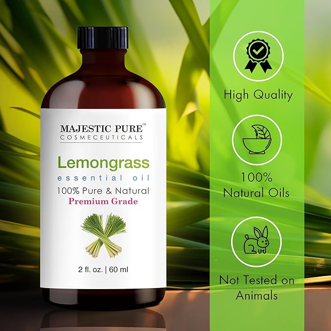 MAJESTIC PURE Lemongrass Essential Oil with Glass Dropper | 100% Pure and Natural Lemongrass Oil | Premium Grade Essential Oils for Diffusers, Skin, Aromatherapy, Massage | 2 Fl Oz