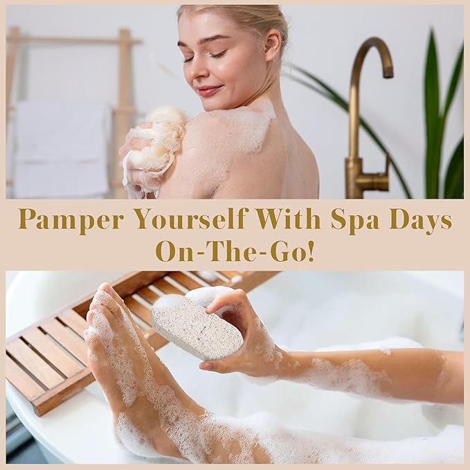 Bella Ciao Body and Skin Care Set, 6-PC, Face Massage Roller, Hair Brush, Pumice Stone, Loofah, Exfoliating Sponge, Wooden Tray Gift Basket, Bath and Body Gift Set, Valentines Day Gifts for Her