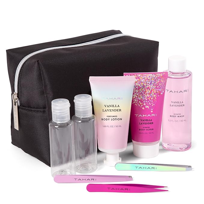 Tahari Vanilla Lavender Spa Gift Set for Women – Luxurious Bath Kit with Body Lotion, Body Scrub, Body Wash & Tweezers with Bag – Perfect Selfcare Gifts for Women (Black)